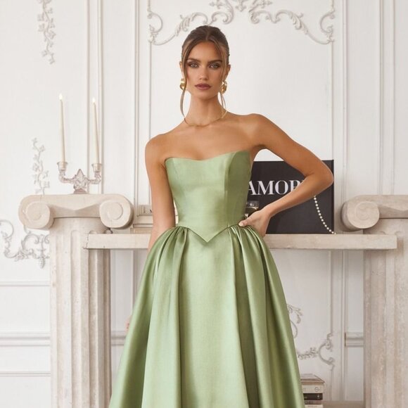 New Sage Fit and Flare Formal Dress w/ Basque Waistline & Lace Up Back CD T822 - Picture 8 of 10